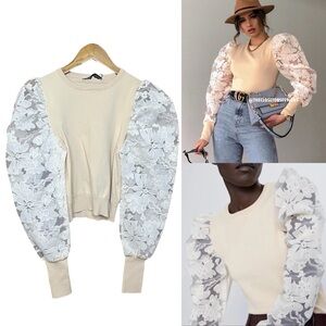 NWT ZARA Knit Contrast Balloon Sleeves M Floral Semi Sheer Blogger Favorite